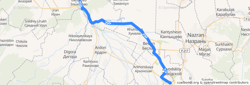 Mapa del recorrido №135 г.Владикавказ-с.Эльхотово (обратный) de la línea  en Ossétie-du-Nord-Alanie.