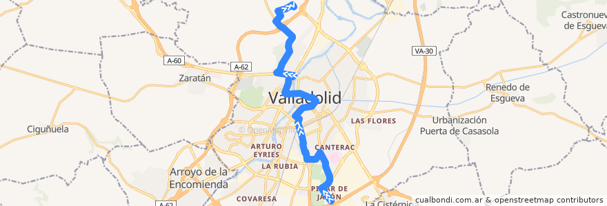 Mapa del recorrido Bus 4: Fuente Berrocal => Pinar del Jalón de la línea  en Вальядолид.