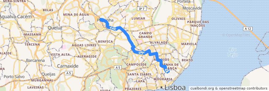 Mapa del recorrido Bus 726: Sapadores → Pontinha de la línea  en Lisbonne.