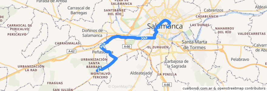 Mapa del recorrido Hospital los Montalvos → Urbanización Peñasolana → Salamanca de la línea  en Salamanca.