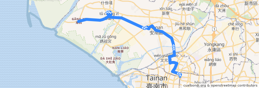 Mapa del recorrido 11路(往城西里_往程) de la línea  en Tainan.