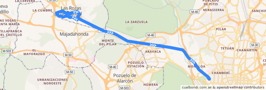 Mapa del recorrido Bus 621: Las Rozas → Madrid (Moncloa) de la línea  en Comunidad de Madrid.