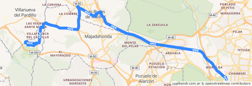 Mapa del recorrido Bus 623: Madrid (Moncloa) → Las Rozas → Urb.Villafranca de la línea  en Comunidad de Madrid.