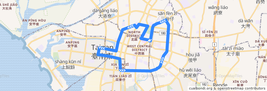 Mapa del recorrido 0右路(正線) de la línea  en تاينان.