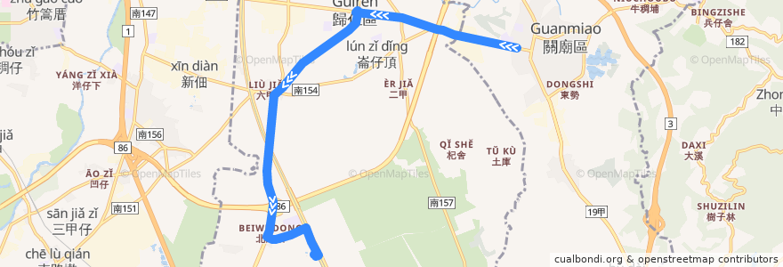 Mapa del recorrido 綠16(延駛高鐵台南站_往程) de la línea  en Guiren District.