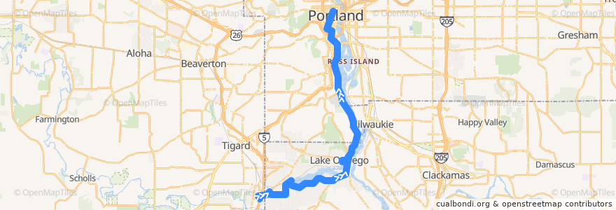 Mapa del recorrido Bus 36: Tualatin => Portland de la línea  en اورگن.