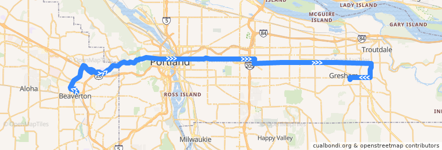 Mapa del recorrido Bus 20: Beaverton Transit Center => Gresham Transit Center de la línea  en Oregón.