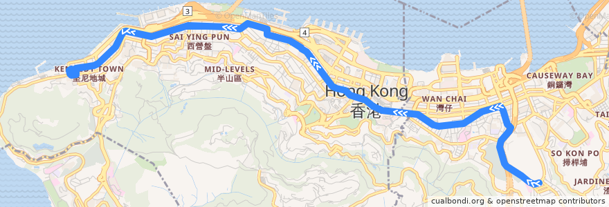 Mapa del recorrido 跑馬地 → 堅尼地城 Happy Valley → Kennedy Town de la línea  en 香港島 Hong Kong Island.