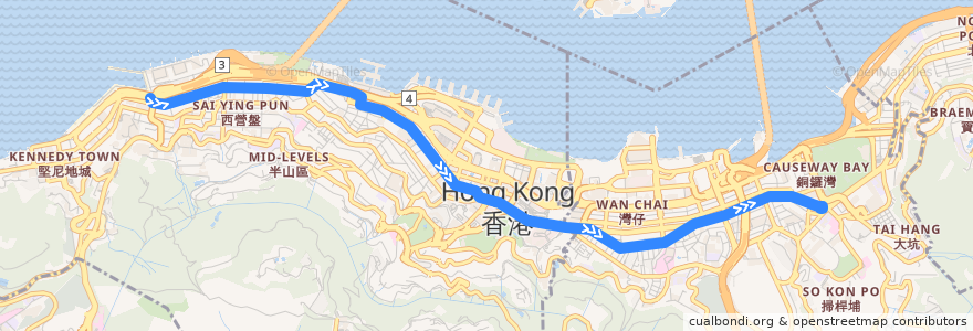 Mapa del recorrido 石塘咀 → 銅鑼灣 Shek Tong Tsui → Causeway Bay de la línea  en جزیره هنگ کنگ.