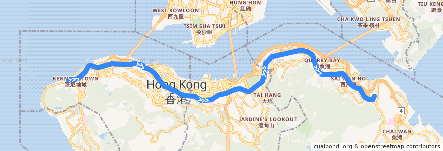 Mapa del recorrido 堅尼地城 → 筲箕灣 Kennedy Town → Shau Kei Wan de la línea  en 香港島 Hong Kong Island.