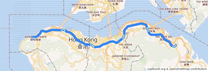 Mapa del recorrido 筲箕灣 → 堅尼地城 Shau Kei Wan → Kennedy Town de la línea  en 香港島 Hong Kong Island.
