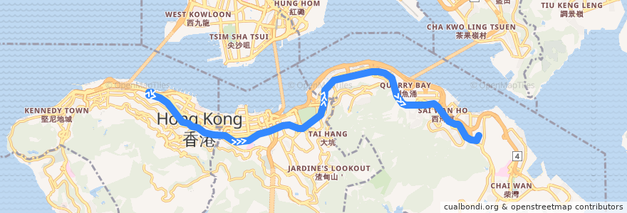 Mapa del recorrido 上環 (西港城) → 筲箕灣 Western Market → Shau Kei Wan de la línea  en 香港島 Hong Kong Island.