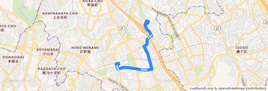 Mapa del recorrido 横浜市バス 217系統 港南台駅前-宮田橋・日野中央2丁目(循環) de la línea  en Konan Ward.