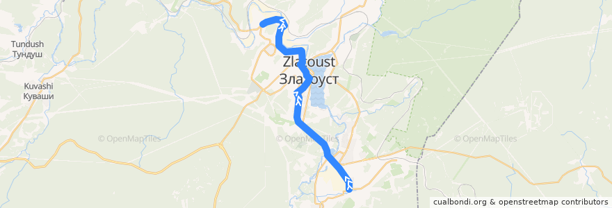 Mapa del recorrido Трамвай маршрут №1: Машиностроитель - Университет de la línea  en Zlatoust.