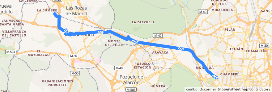 Mapa del recorrido Bus 652: Madrid (Moncloa) → Majadahonda (Carril del Tejar) de la línea  en Comunidad de Madrid.