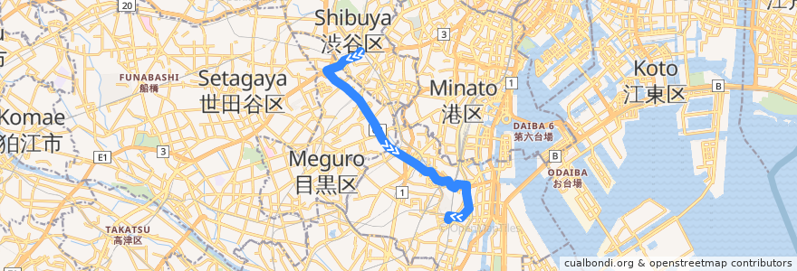 Mapa del recorrido 品川線【東急バス・渋４１系統＜＃Ａ往路＞】渋谷駅⇒大井町駅 de la línea  en 東京都.
