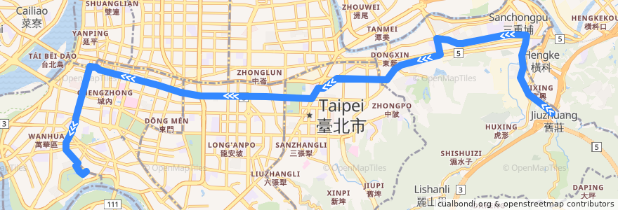 Mapa del recorrido 臺北市 212 舊莊-青年公園 (往程) de la línea  en Taipei.