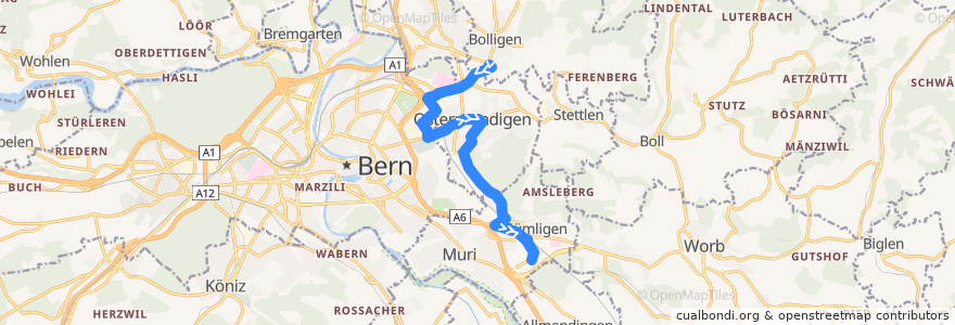 Mapa del recorrido Bus 44: Bolligen, Bahnhof => Gümligen, Sonnenfeld de la línea  en Verwaltungskreis Bern-Mittelland.