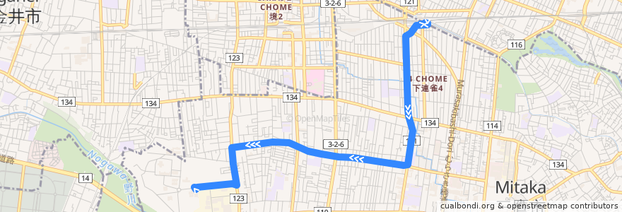 Mapa del recorrido Bus 鷹51 三鷹駅->国際基督教大学 de la línea  en 東京都.