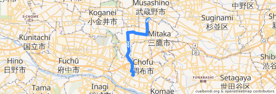 Mapa del recorrido Bus 鷹51 三鷹駅->調布駅北口 de la línea  en Tokyo.