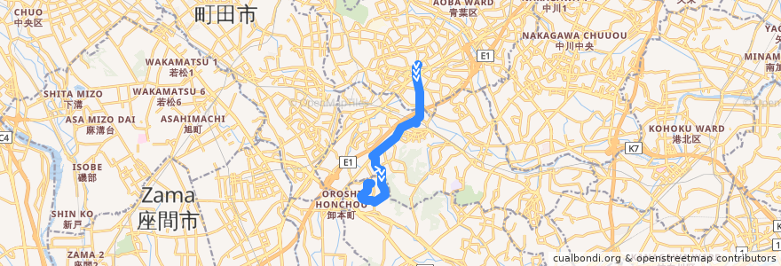 Mapa del recorrido 65系統(青葉台駅→地区公園→若葉台中央) de la línea  en 横浜市.