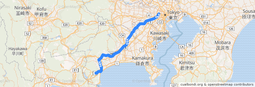 Mapa del recorrido スーパーはこね de la línea  en Japonya.