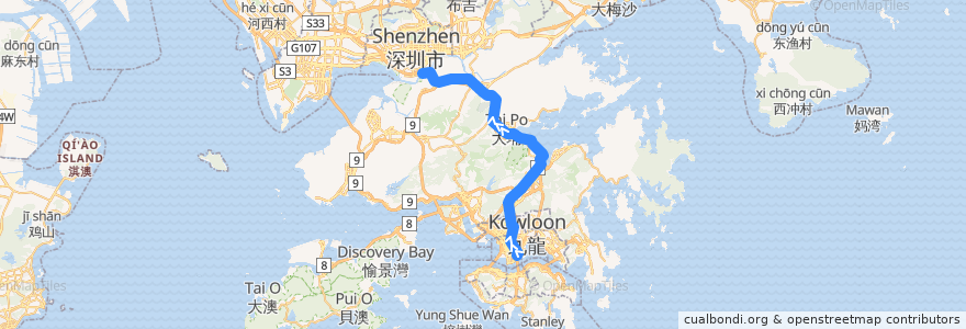 Mapa del recorrido 東鐵綫 East Rail Line (紅磡 Hung Hom → 落馬洲 Lok Ma Chau (經馬場 via Racecourse)) de la línea  en 香港 Hong Kong.