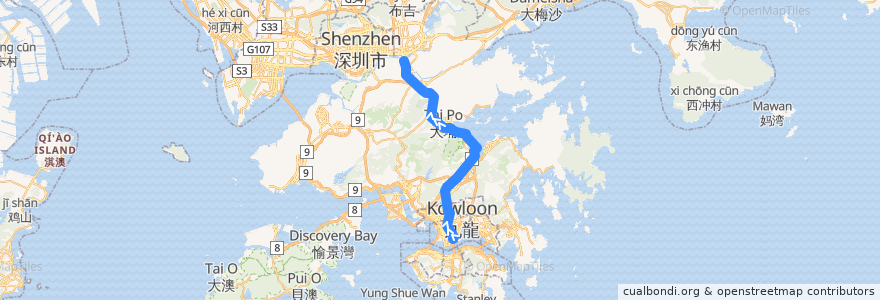 Mapa del recorrido 東鐵綫 East Rail Line (紅磡 Hung Hom → 羅湖 Lo Wu (經馬場 via Racecourse)) de la línea  en 香港 Hong Kong.