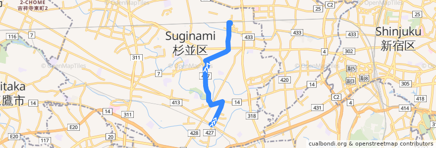 Mapa del recorrido 松ノ木線 de la línea  en 杉並區.