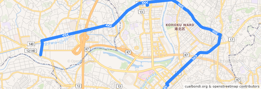Mapa del recorrido 41系統 新横浜駅前→川向町折返場 de la línea  en 横浜市.