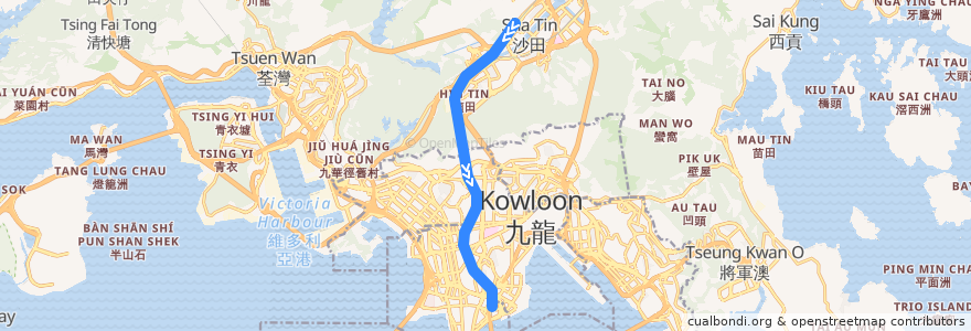 Mapa del recorrido 東鐵綫 East Rail Line (沙田 Sha Tin → 紅磡 Hung Hom) de la línea  en 香港 Hong Kong.