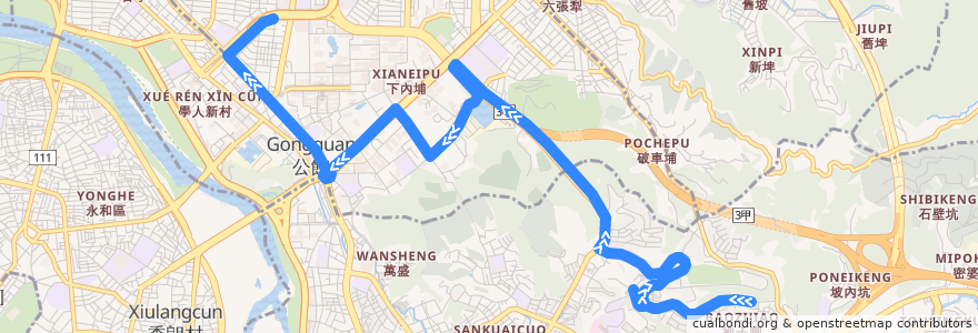 Mapa del recorrido 臺北市 綠11 萬芳社區-台電大樓 繞駛公訓正門 (往程) de la línea  en 타이베이시.