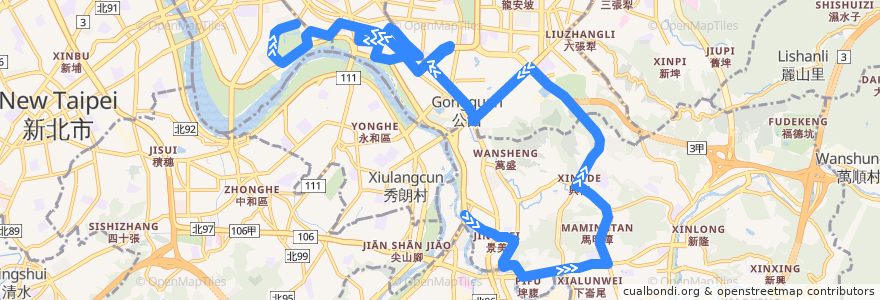 Mapa del recorrido 臺北市 棕22 景美-青年公園 繞駛紀州庵 (往程) de la línea  en Taipei.