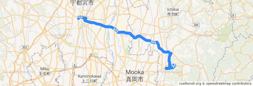 Mapa del recorrido 宇都宮東武⇒東高橋⇒益子駅前 de la línea  en Prefectura de Tochigi.