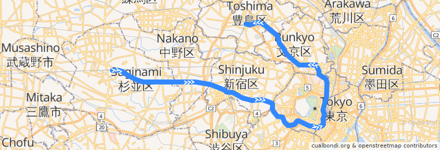 Mapa del recorrido 東京メトロ丸ノ内線 : 荻窪→池袋 de la línea  en Tokio.