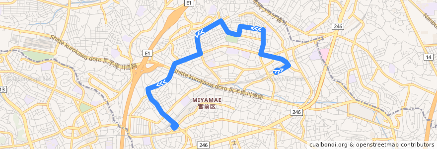 Mapa del recorrido 宮崎台線 de la línea  en Miyamae Ward.