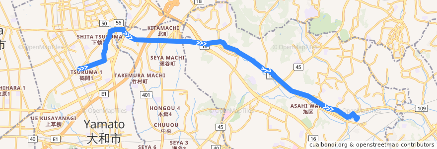 Mapa del recorrido 間01: 鶴間駅東口 → 鶴ヶ峰駅 de la línea  en Prefectura de Kanagawa.