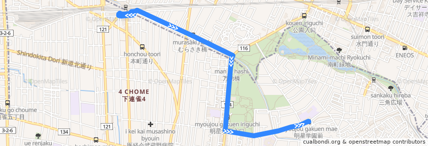 Mapa del recorrido Bus 明星学園ルート 三鷹駅南口->明星学園前 de la línea  en 东京都/東京都.