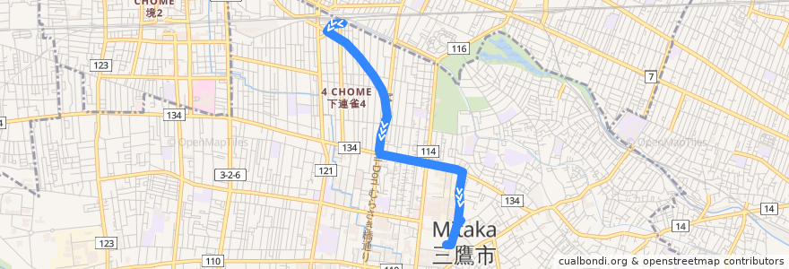 Mapa del recorrido Bus 鷹63 三鷹駅->杏林大学井の頭キャンパス de la línea  en 東京都.