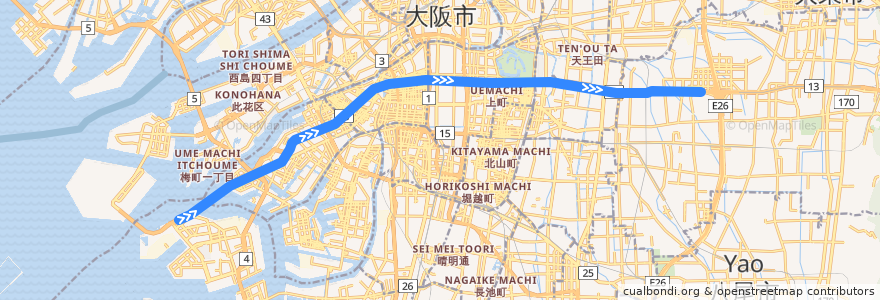 Mapa del recorrido Osaka Metro中央線 de la línea  en 大阪市.