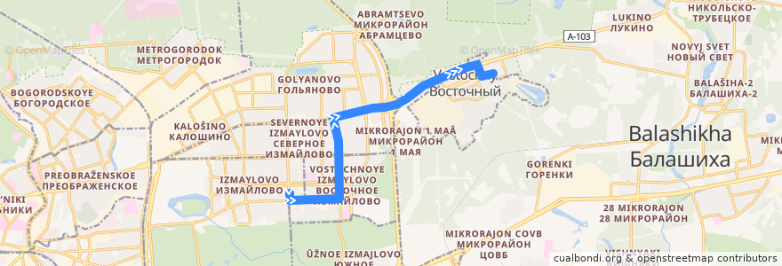 Mapa del recorrido Автобус 1013: Москва (метро «Первомайская») => Балашиха (микрорайон Янтарный) de la línea  en Центральный федеральный округ.
