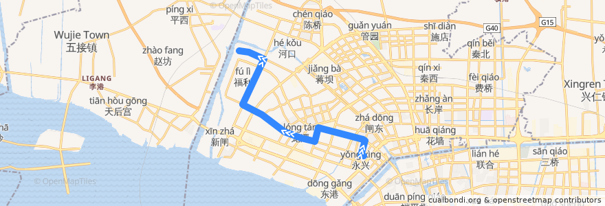 Mapa del recorrido 56路: 黄海路江海大道口 => 兴福路西 de la línea  en Чунчуань.