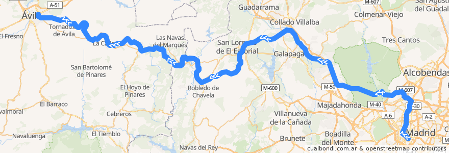 Mapa del recorrido R-1 de la línea  en 스페인.