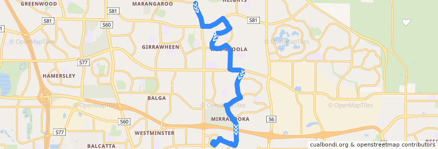 Mapa del recorrido 377T Alexander Heights Shopping Centre → Mirrabooka Bus Station de la línea  en Western Australia.