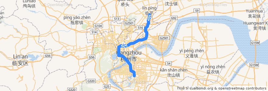 Mapa del recorrido 杭州地铁1号线 湘湖-临平 de la línea  en Ханчжоу.