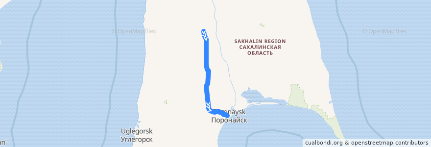 Mapa del recorrido Поезд № 6302: Победино — Поронайск de la línea  en Сахалинская область.