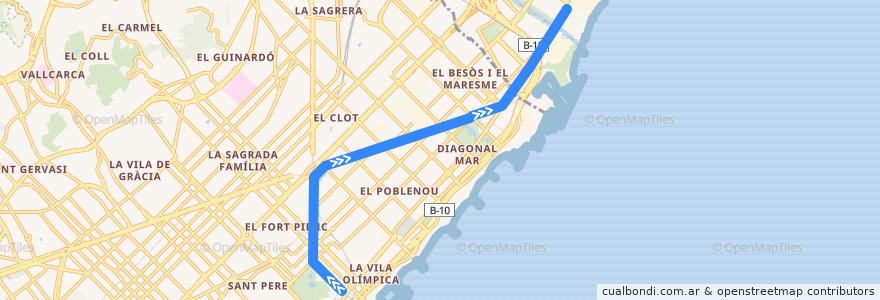 Mapa del recorrido T4: Ciutadella/Vila Olímpica => Estació de Sant Adrià de la línea  en Барселона.
