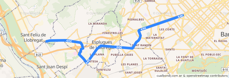 Mapa del recorrido T3: Francesc Macià => Sant Feliu/Consell Comarcal de la línea  en Barcelone.
