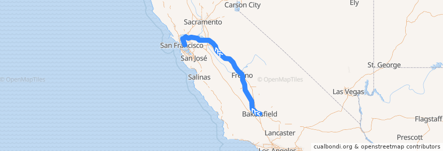 Mapa del recorrido Amtrak San Joaquins: Bakersfield => Oakland de la línea  en カリフォルニア州.