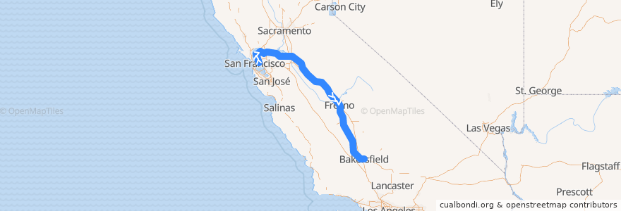 Mapa del recorrido Amtrak San Joaquins: Oakland => Bakersfield de la línea  en Калифорния.